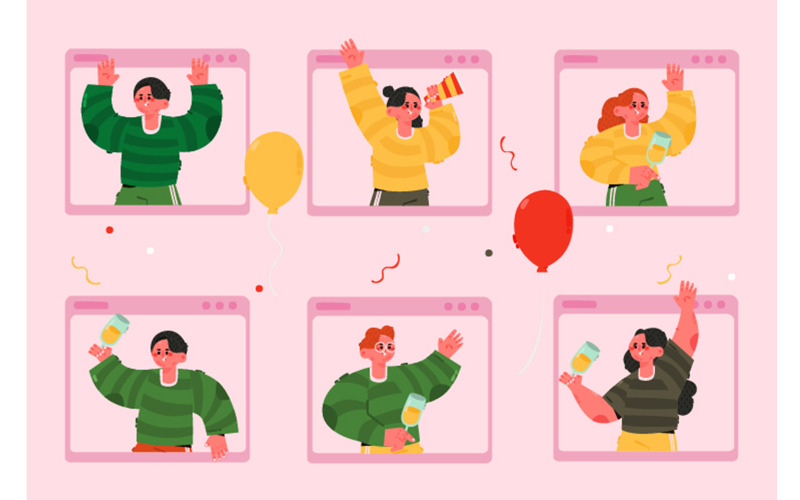 Online Party Video Människor Firande Illustration