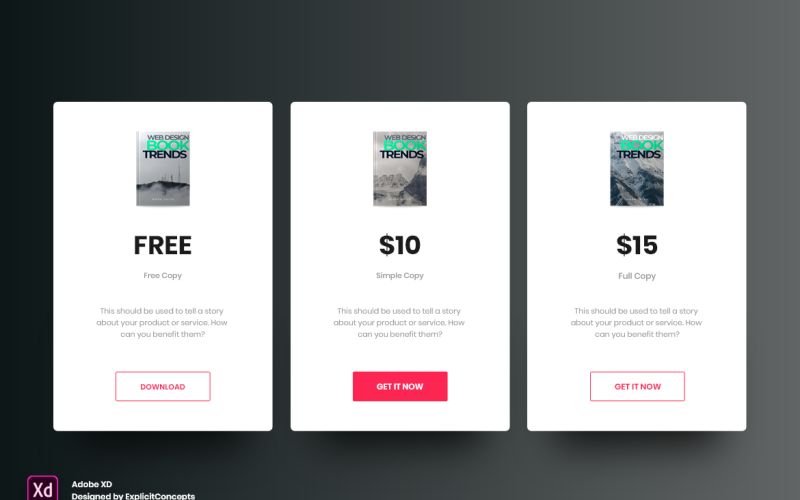 Целевая страница заголовка Hero таблицы цен на электронные книги Adobe XD Template Vol 074