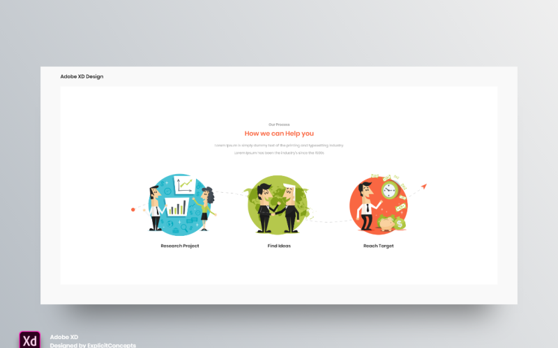 Page de destination de l'en-tête de héros de la section de processus Adobe XD Template Vol 117