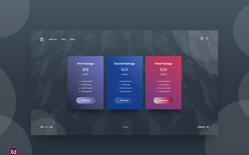 Página de destino do cabeçalho do herói da tabela de preços Adobe XD Template Vol 126