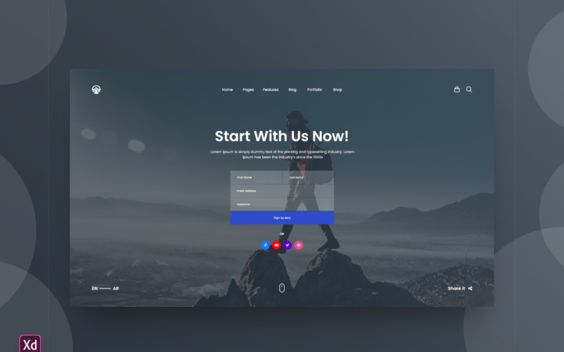 Plantilla de Adobe XD para página de inicio de encabezado de héroe, vol. 134