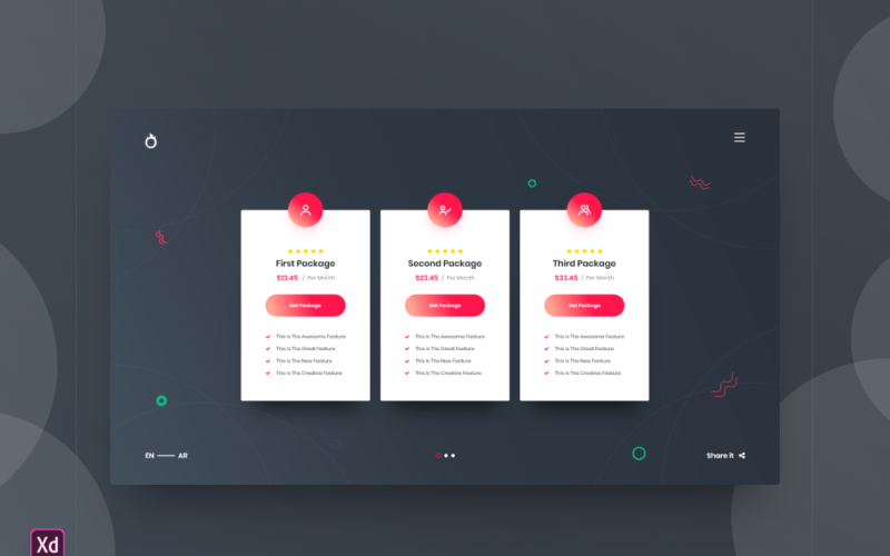 Tabla de precios Encabezado de héroe Página de inicio Adobe XD Plantilla Vol 122