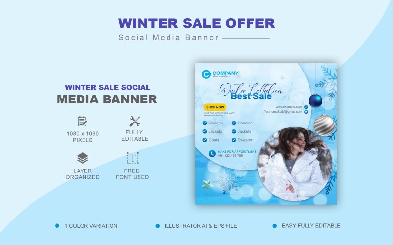 现代清洁冬季销售社交媒体帖子设计或 Web 横幅模板-社交媒体模板