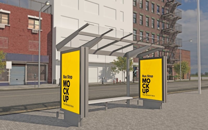 Road Bus Stop with Two Signage mockup Template