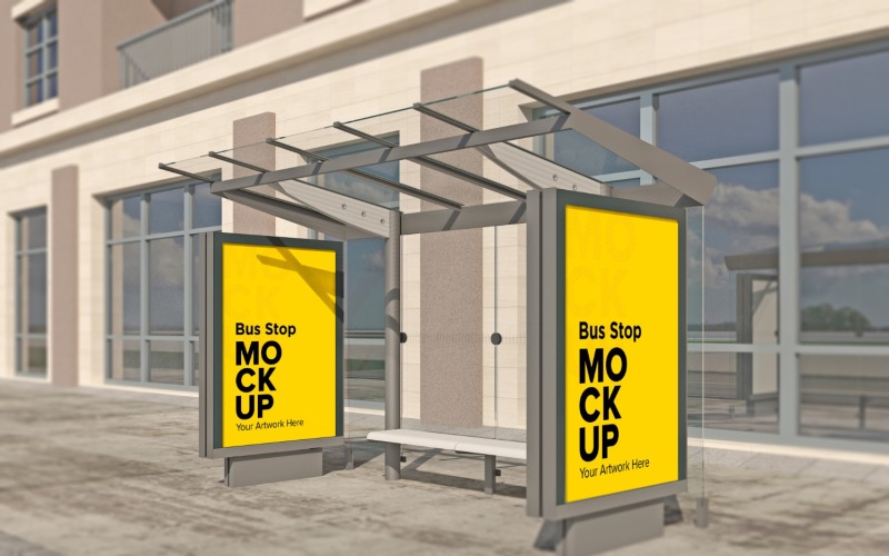 Stadsbuss härbärge utomhus med två reklam skylt mockup mall
