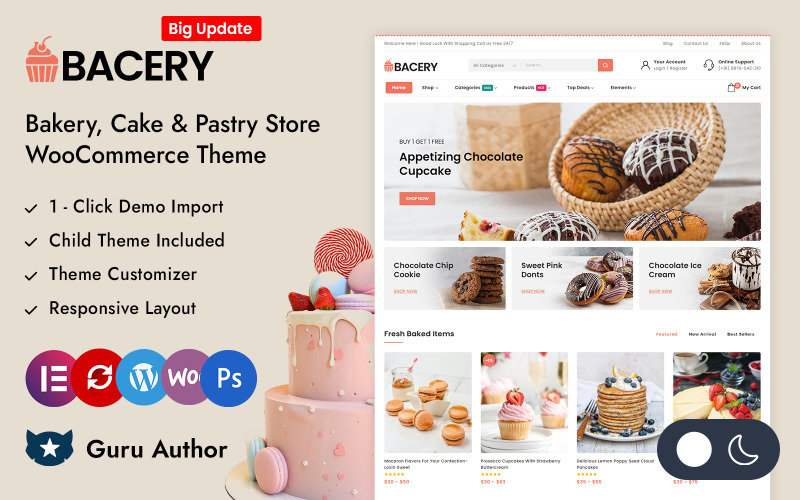 Bacery - Pékség, sütemény és élelmiszerbolt Elementor WooCommerce reszponzív téma