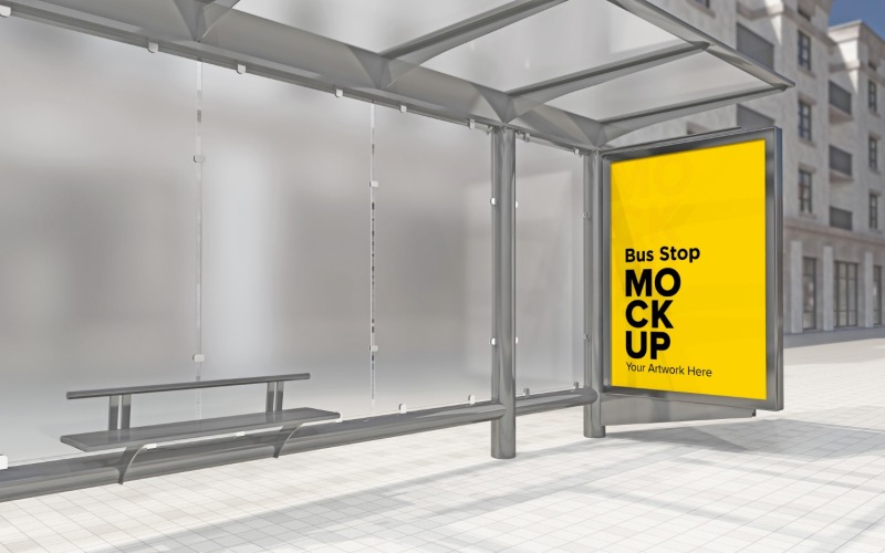 Road Side Blurred Glass Bus Stop With Signage Mockup Template