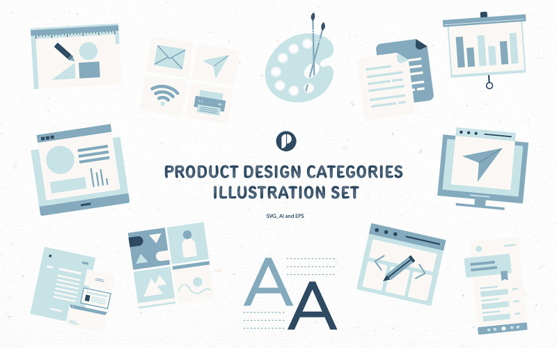 Conjunto de ilustração de categorias de design de produto azul acinzentado