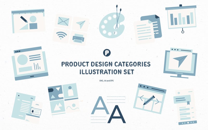 Zestaw ilustracji kategorii projektowania szaroniebieskich produktów