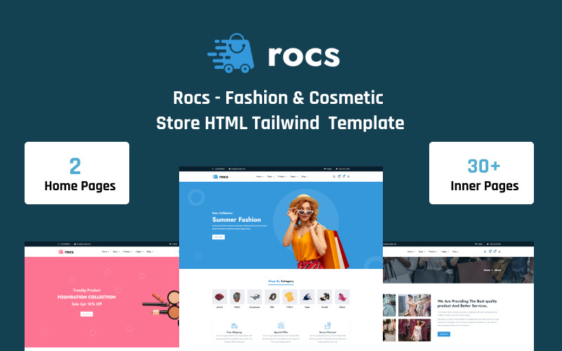 Rocs - HTML5 Tailwind-sjabloon voor mode- en cosmeticawinkel