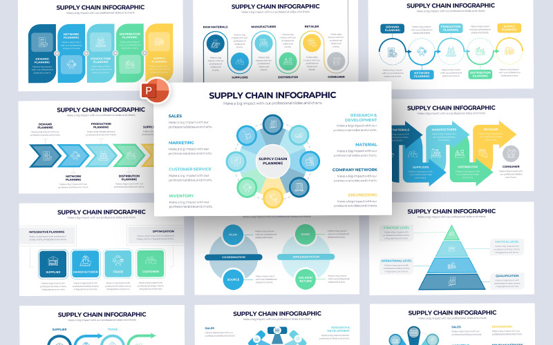 Modelo de PowerPoint de Infográfico de Cadeia de Suprimentos