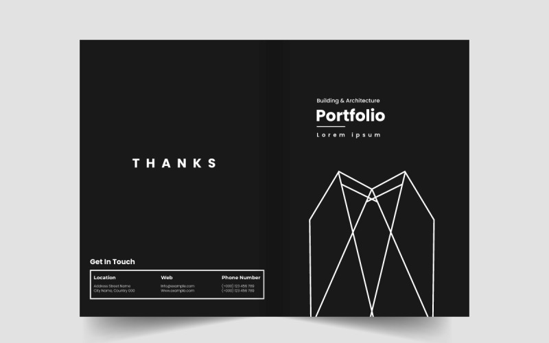 Modello di copertina del portfolio di edifici e architettura e layout di copertina del libro delle linee guida del marchio.