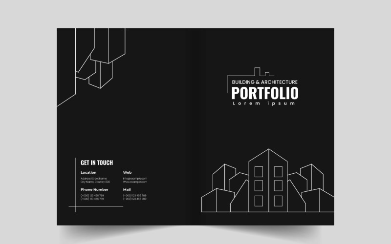Modello di copertina del portfolio di edifici e architettura e layout di copertina della brochure delle linee guida del marchio