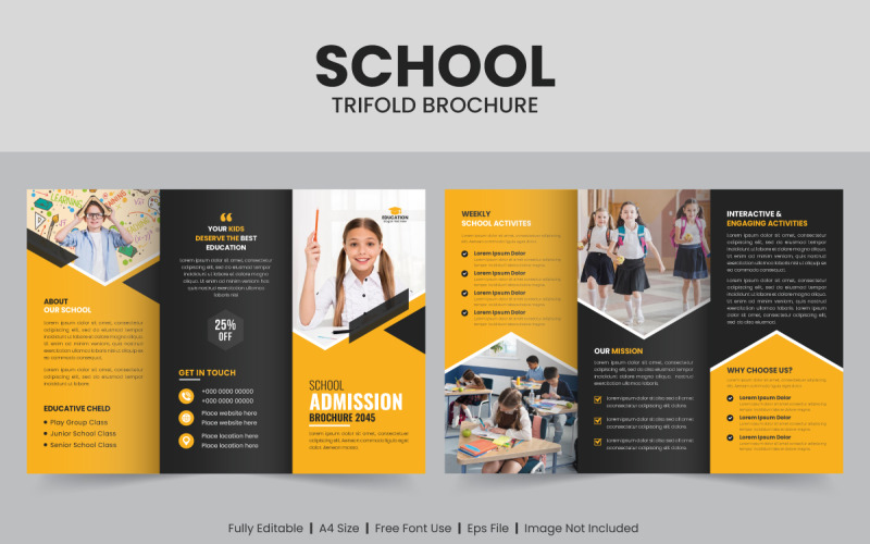 Dreifach gefaltete Broschürenvorlage für Schulzulassung und Bildung. Zurück zu Schulbroschüren-Schablonendesign