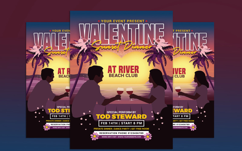 Modèle de Flyer de dîner au coucher du soleil de la Saint-Valentin