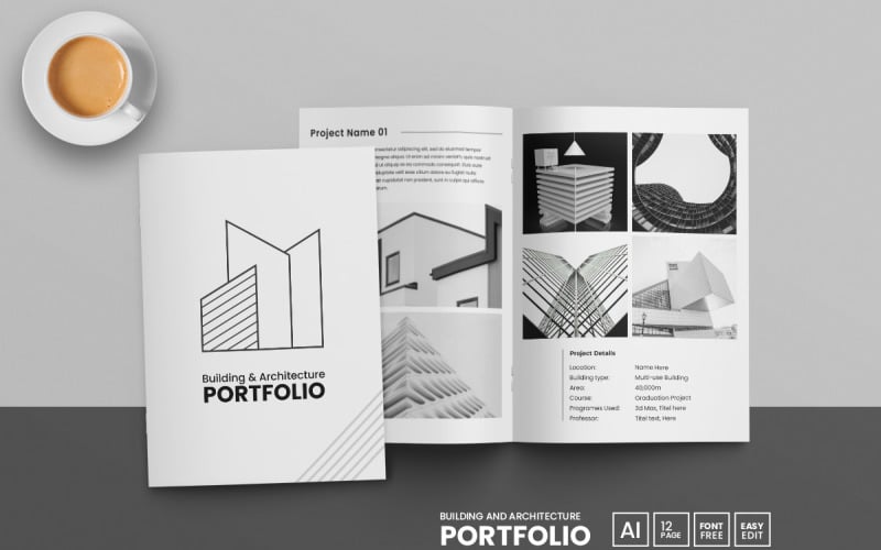 Design de modelo de portfólio de arquitetura de construção minimalista e layout de portfólio de interiores