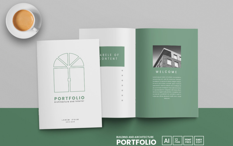 Conception de modèle de portefeuille d'architecture et d'intérieur de bâtiment et mise en page de brochure