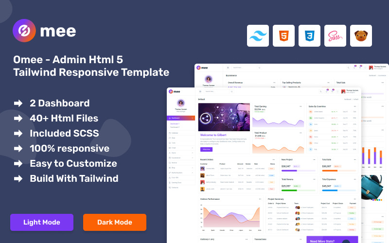 Omee – інформаційна панель адміністратора Html 5 Адаптивний шаблон Tailwind