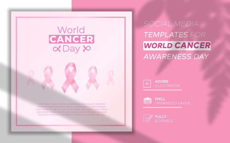 Шаблон поста в социальных сетях Всемирного дня борьбы против рака с розовой лентой