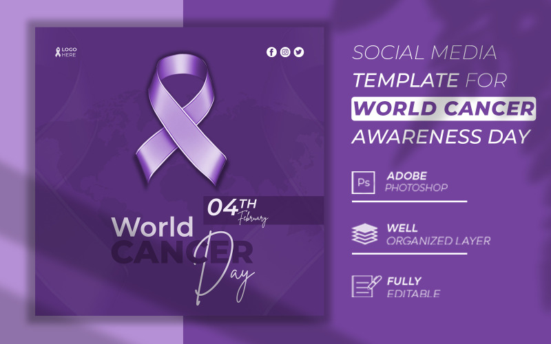 Publicación en redes sociales púrpura 3d del Día Mundial contra el Cáncer