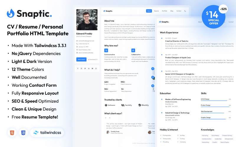 Snaptic - Portfolio Simple Modern HTML5 Website Mall