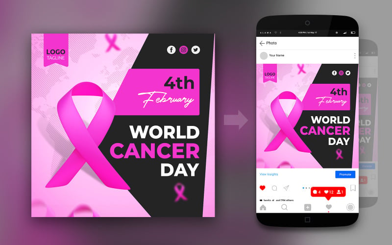 Modello di progettazione post sui social media rosa per la Giornata mondiale contro il cancro