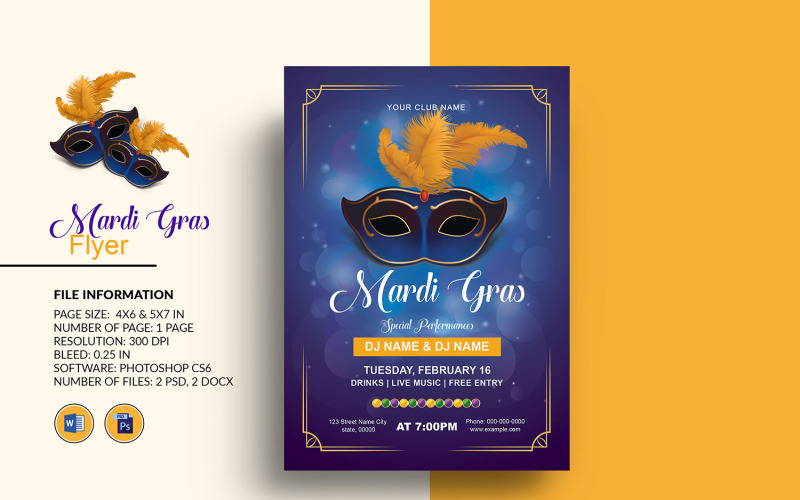 Modello di volantino per invito a una festa di Mardi Gras