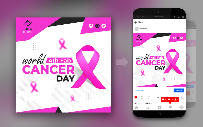 Wereld Kanker Dag 3D Pink Ribbon Social Media Post Design