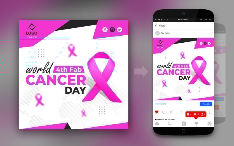 World Cancer Day 3D Pink Ribbon Social Media Post Design