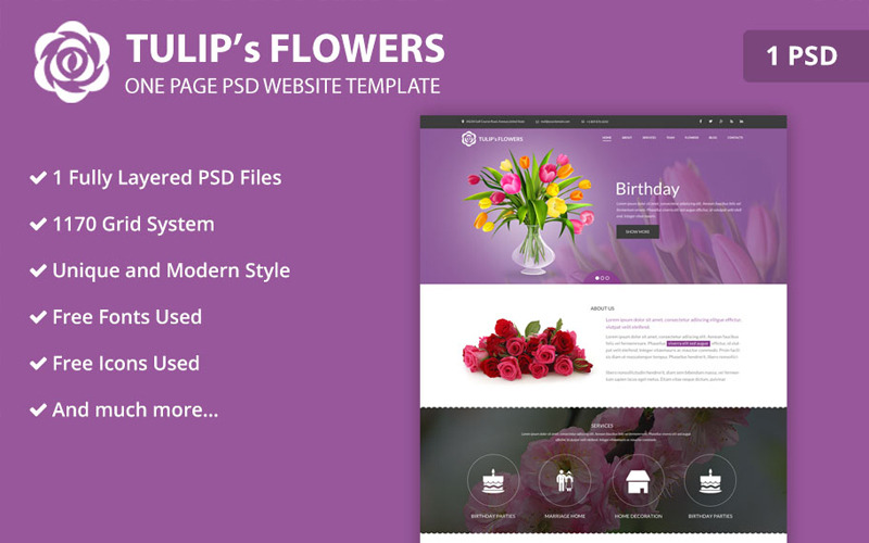 Modelo de site PSD de flor de uma página