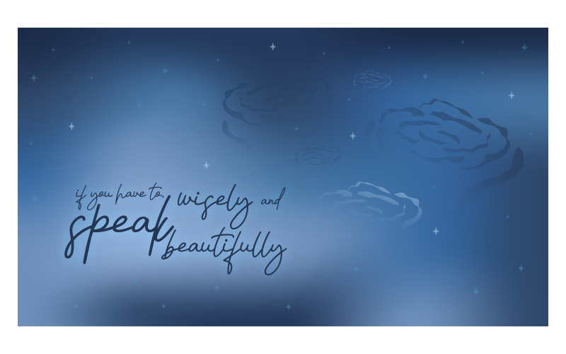 Image de fond dégradé bleu avec des fleurs, des étoiles et un message inspirant de parler avec sagesse