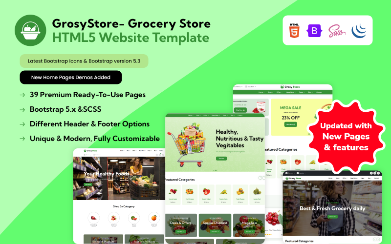 GrosyStore- Livsmedelsbutik HTML5 webbplatsmall