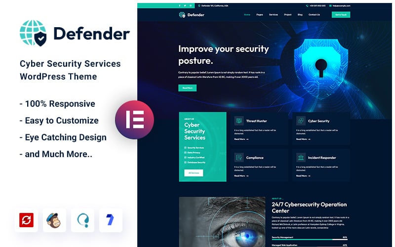 Defender — motyw WordPress dotyczący usług cyberbezpieczeństwa