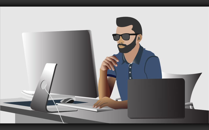 Gente de negocios que trabaja en la computadora en la oficina Vector Ilustración plana