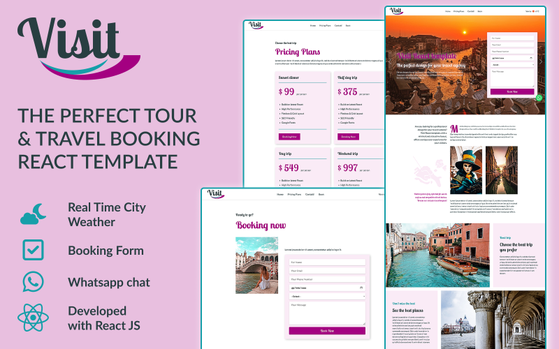 Ziyaret edin: mükemmel Tur ve Seyahat Rezervasyonu React Web Sitesi şablonu