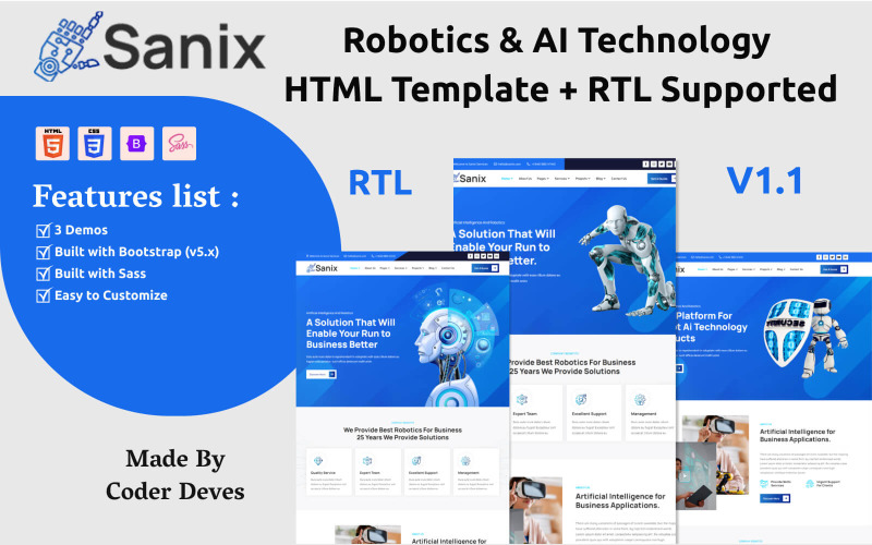Sanix - Modèle HTML de robotique et de technologie d'IA + RTL pris en charge