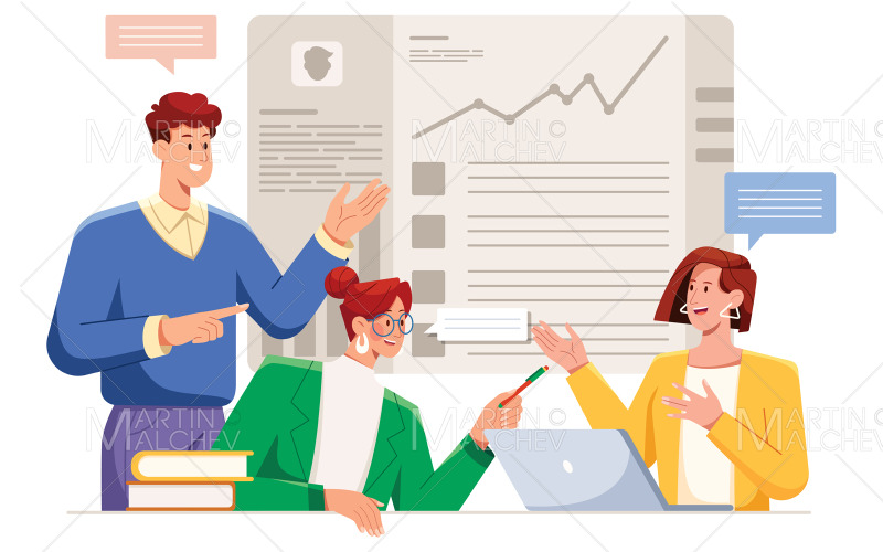 Colegas discutiendo la ilustración del vector del proyecto