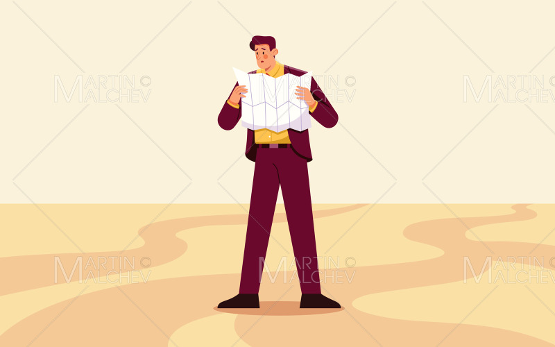 hombre de negocios, lectura, mapa, vector, ilustración