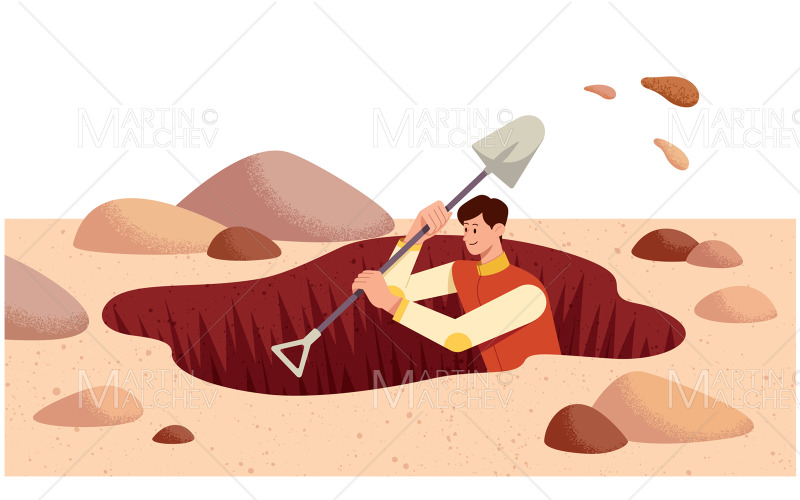 hombre, cavar, hoyo, vector, ilustración