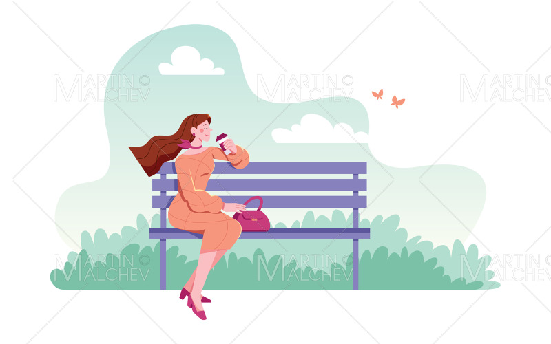 femme, reposer, banc, vecteur, illustration
