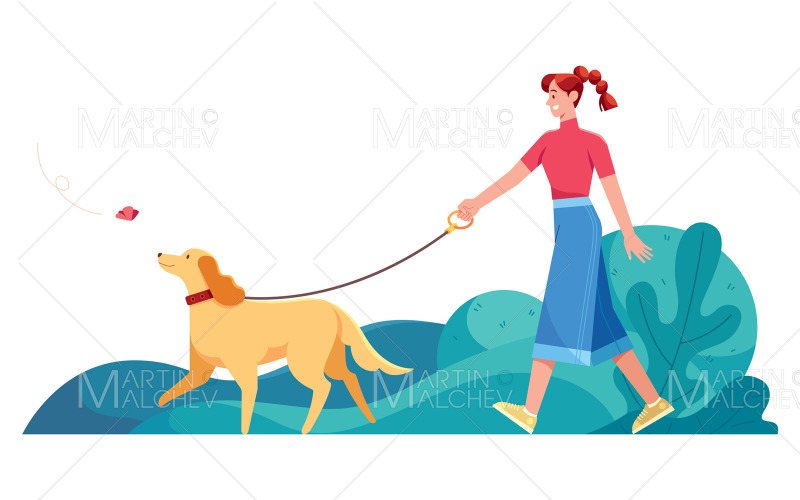 Mulher passeando ilustração vetorial de cachorro