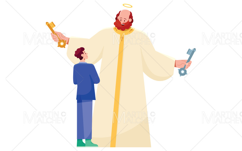 Święty Piotr spotyka człowieka na białej ilustracji wektorowych