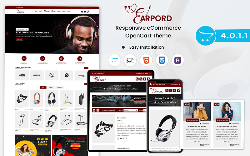 Earpords - Opencart-Vorlage zum Verkauf von Ohrhörern, Airpods, Kopfhörern, Bluetooth und Nackenbügeln