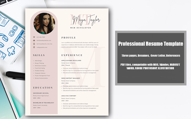 Modelo de currículo para impressão em PDF Maya Taylor Pink-Tan