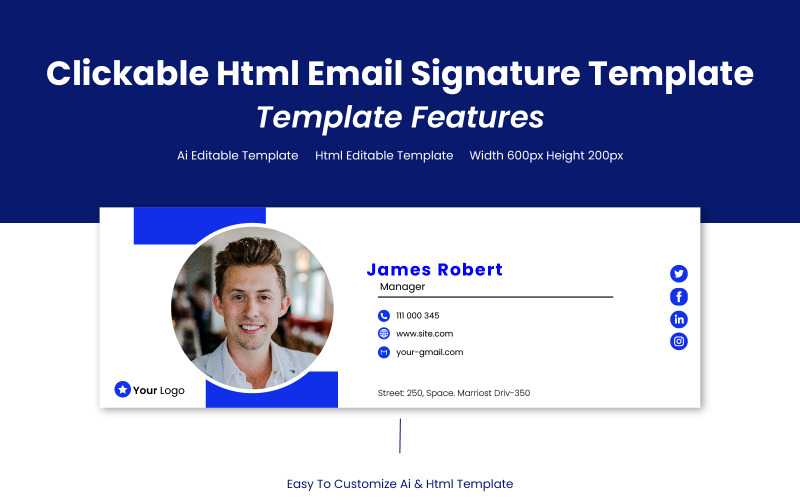 Conception de signature d'e-mail cliquable Html moderne et professionnelle