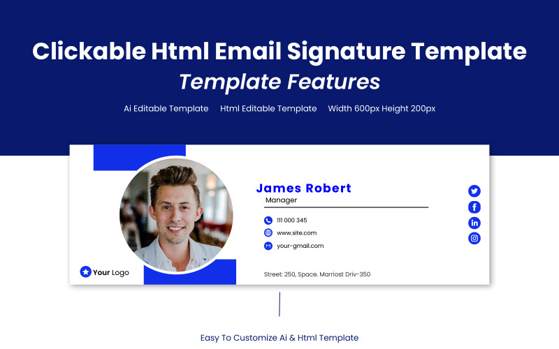Moderno design della firma e-mail cliccabile Html professionale