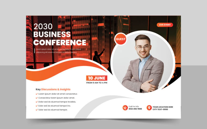 Panfleto de conferência de negócios corporativos abstratos ou modelo de banner de evento horizontal de webinar