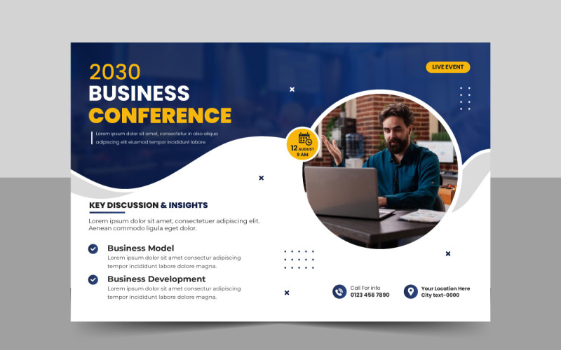Шаблон флаера корпоративной горизонтальной бизнес-конференции и дизайн баннера плаката бизнес-мероприятия