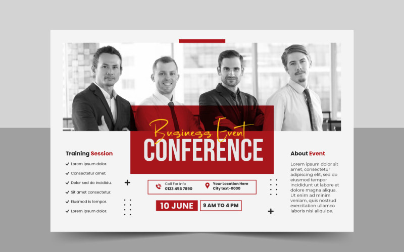 Szablon ulotki kreatywnej konferencji biznesowej lub poziomy baner wydarzenia webinarowego i baner zaproszenia