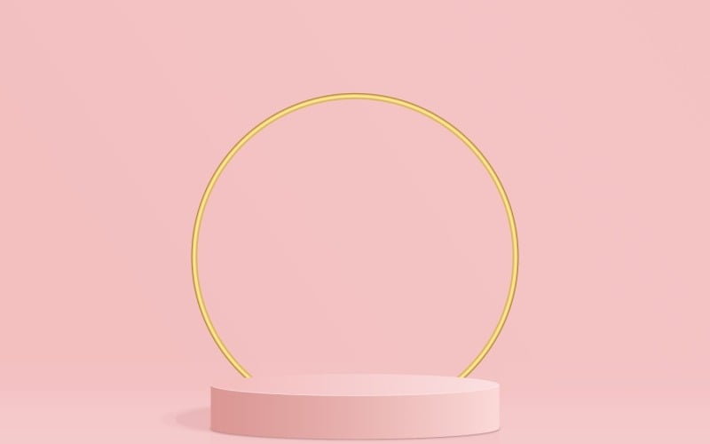 Escenario de podio circular y anillo dorado con fondo de color rosa representación 3d